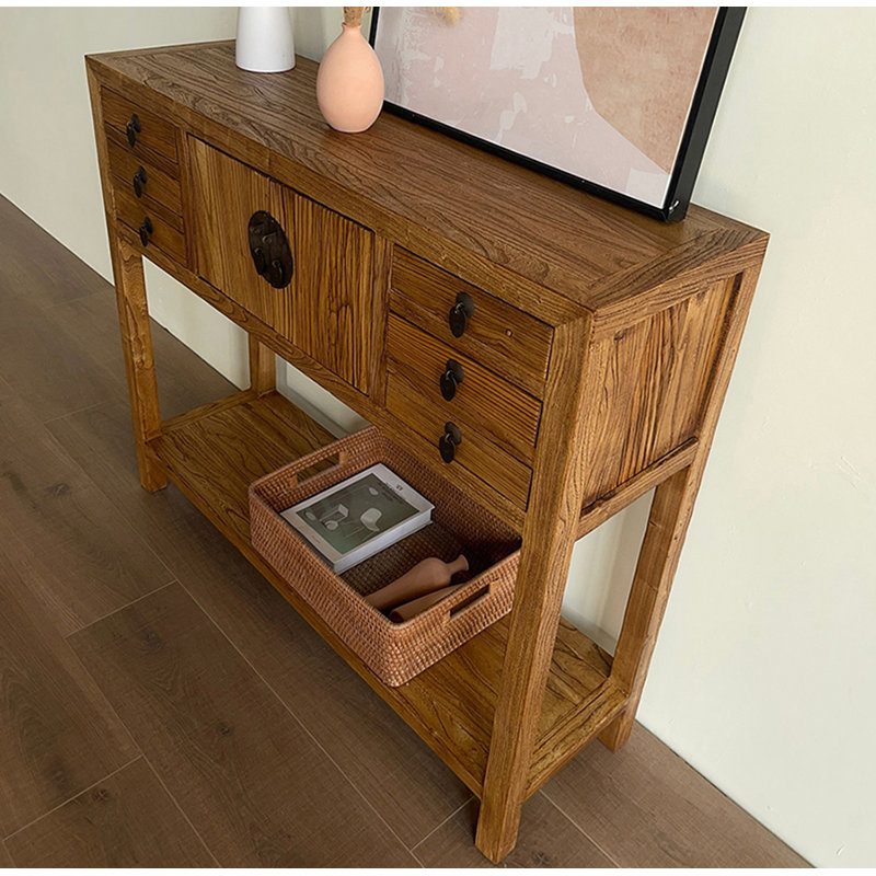 Console rustique en bois massif avec 6 tiroirs et rangement