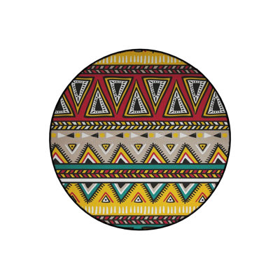 Round Multicolor Triangle Detailed Woven Base Modern Decorative Machine Washable Rug