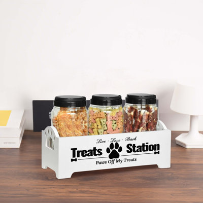 Dog food containers, food storage containers with 3 plastic dog food cans, reusable cat food containers, pet food storage organizers, wooden dog food