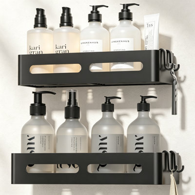 2-Pack Black No-Drill Adhesive Shower Shelves with Hooks
