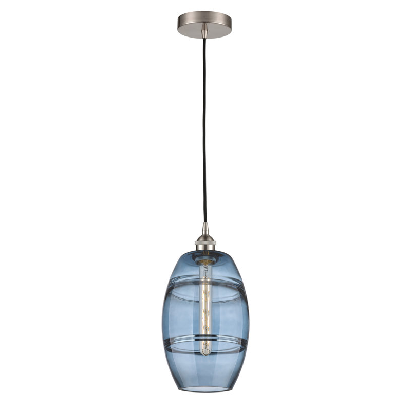 Mini-luminaire suspendu 1 lumière Edison Bettylou-616-G557, H 9,88 po x l 8 po x P 8 po, Bleu princesse, Nickel satiné brossé