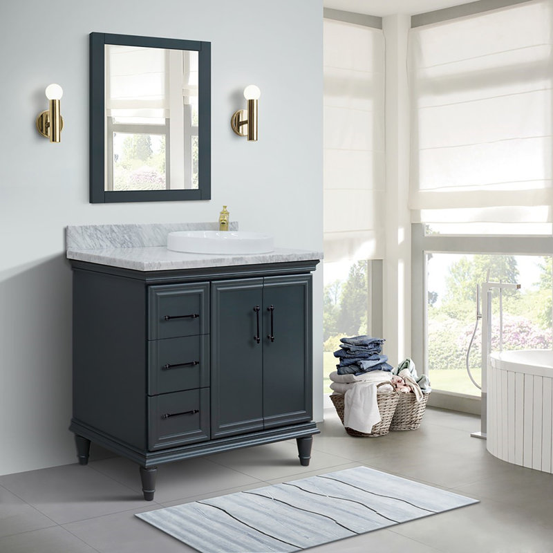 Meuble-lavabo simple 37 po et lavabo rond - porte droite / lavabo droit, Marbre de Carrare blanc
