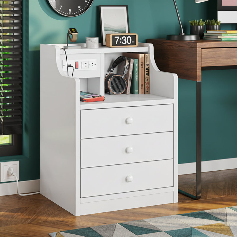 17.7'' W White Nightstand - Charging Station, Hutch Top, 3 Storage Drawers - Modern Design, White