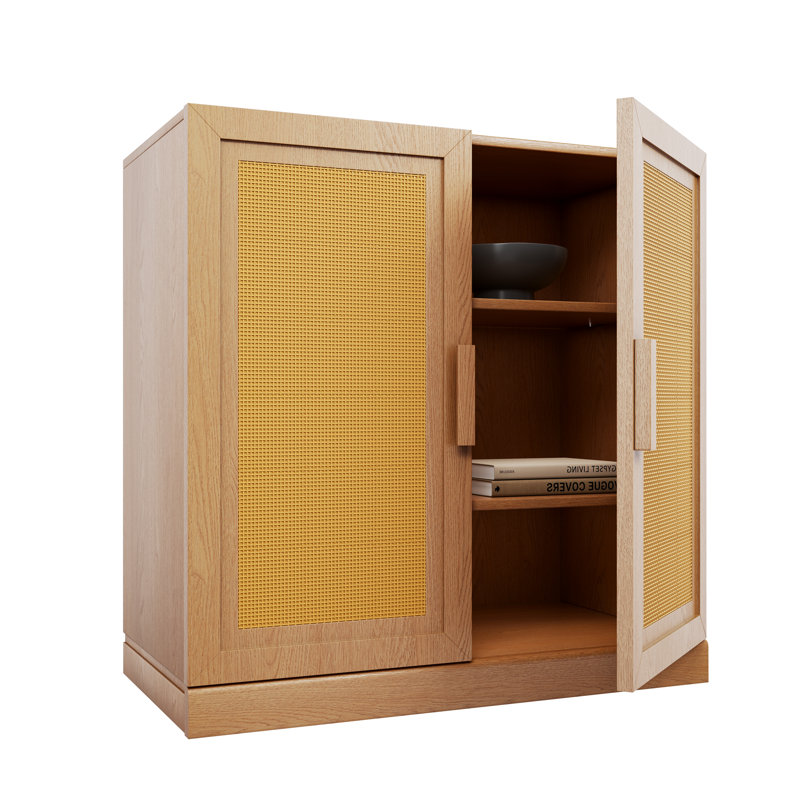 Armoire d'appoint en bois massif avec portes en rotin Caleb, Chêne, H 31 po x l 31 po x P 16 po