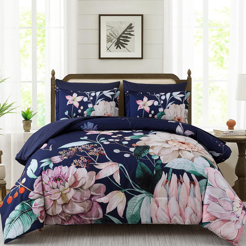 Ensemble d'édredon à motif floral 7 pièces avec draps et taies décoratives, King Comforter + 6 Additional Pieces, Bleu