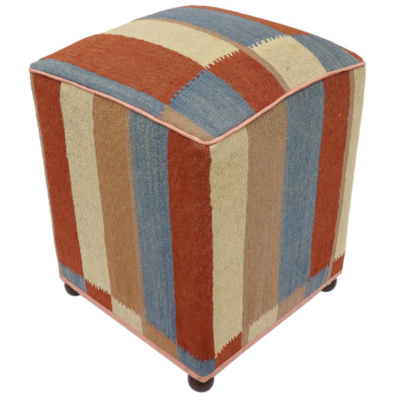 Aprea Upholstered Ottoman, Rust/Blue/Beige/Brown Wool