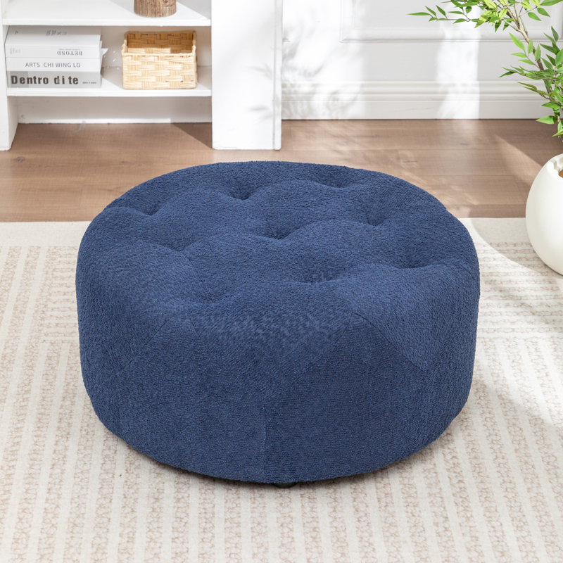 Castanedo Upholstered Round Ottoman, Boucle - Blue