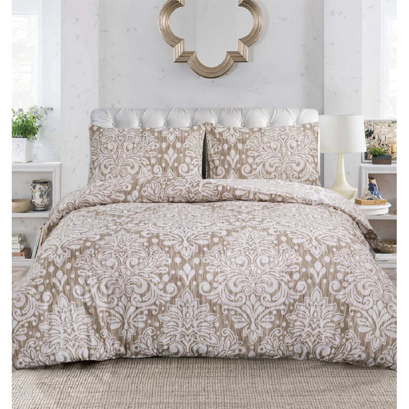 Cotton Blend No Pattern Duvet Cover with Pillowcases, Double Duvet Cover + 2 Standard Pillowcases, Brown Damask