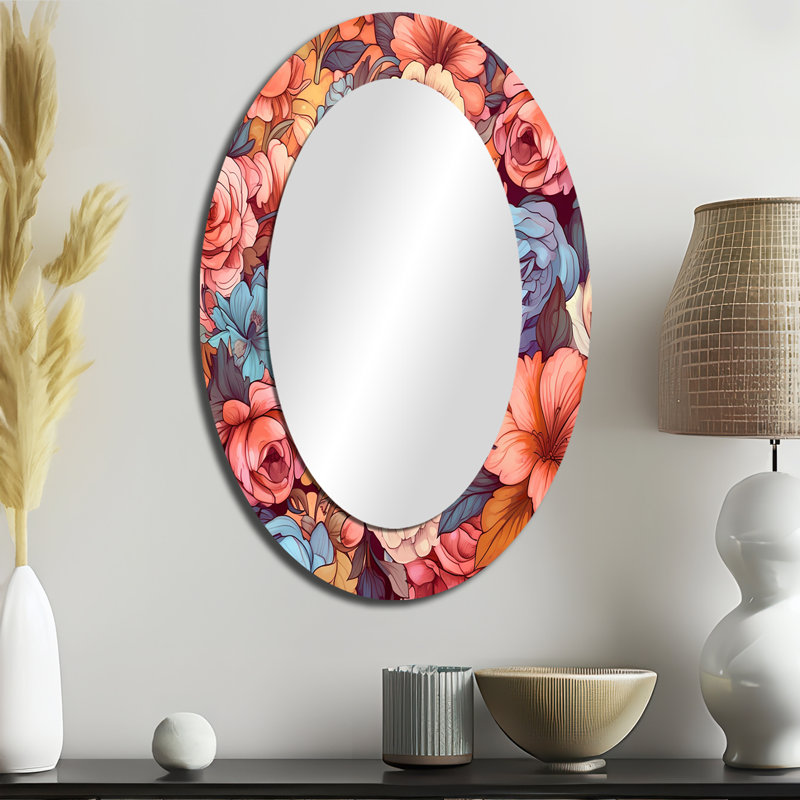 Décoration florale rétro rose et blanche - Miroir mural ovale rose, 36 po x 24 po