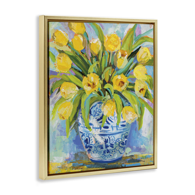 Tulipes jaunes expressives dans un vase, Cadre flottant métallique doré, H 21 po x l 17 po