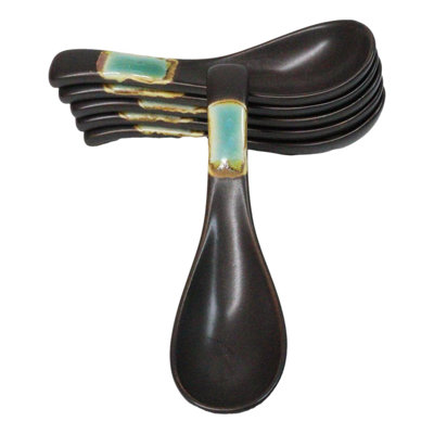 Pack of 6 Midori Kannyu Crackle Green Ceramic Asian Soup Spoons With Hook 5.75"L