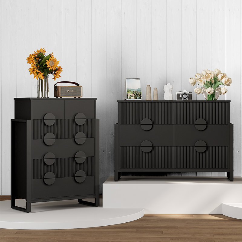 Ebern Designs 2 Piece Bedroom Dresser And Chest Set - 6 Drawer Tall Dresser And 6 Double Drawer, Black