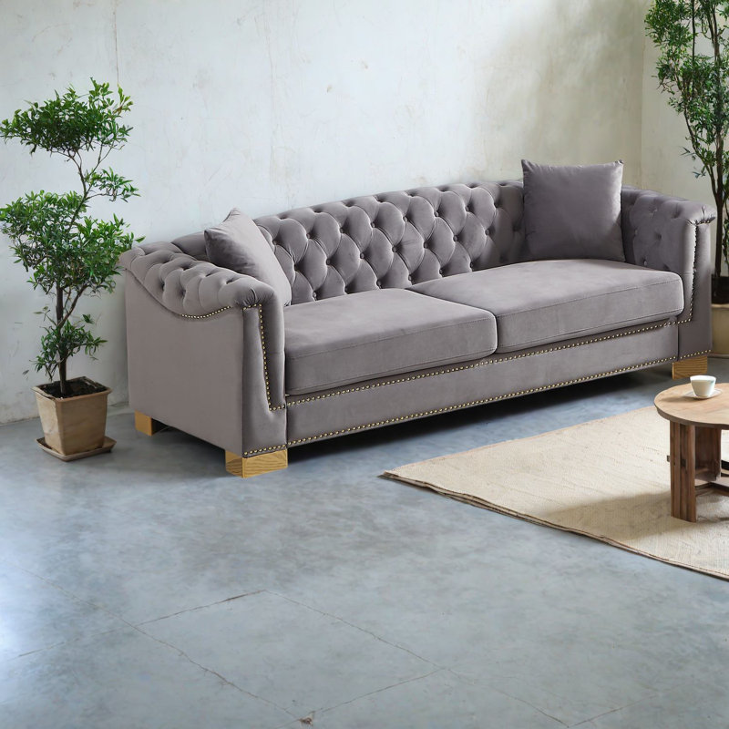 Canapés luxueux en velours, canapé Chesterfield de 84 pouces avec accoudoirs roulés, design moderne pour le salon