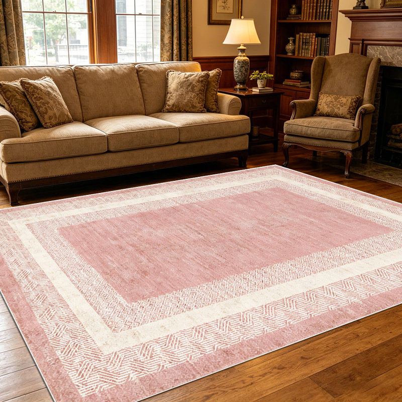 1PC Blush Pink & Cream Geometric Bordered Farmhouse area rugs for Living Room, Soft and Comfortable, Suitable for all seasons, easy-to-maintain, machine washable Indoor floor mat, Under Table Farmhouse suitable for Dining Table, Bedroom, Entryway,