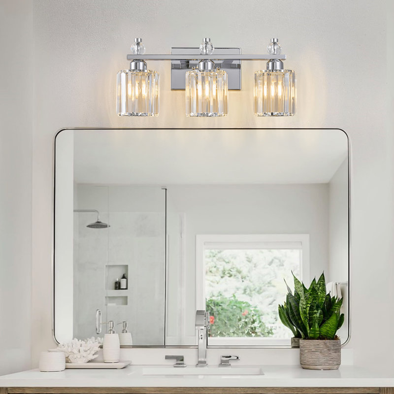 Dimmable Crystal Vanity Light With Cylindrical Shade, Chrome, 3 Lights