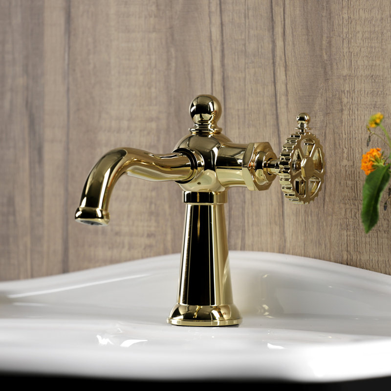 Kingston Brass Fuller Single-Handle 1-Hole Deck Mount Bathroom Faucet with Push Pop-Up, Wheel, Polished Brass