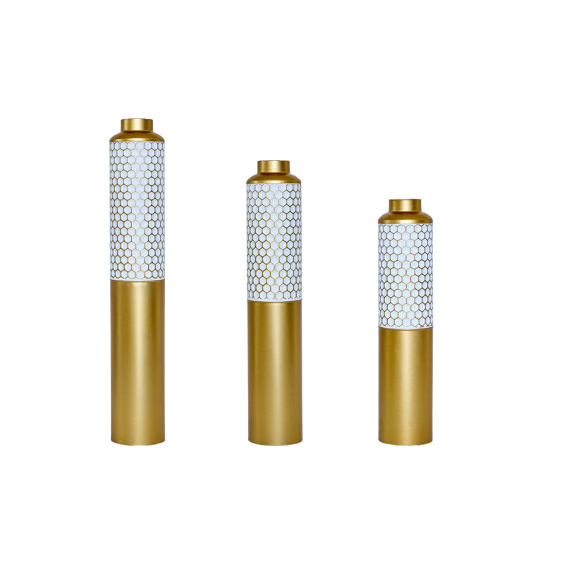 Decorative Metal Vases Set Of 3, Gold And White Hexagonal Pattern Floor Vases, 32.6 28.34 24 Inch Tall For Home Decor, Modern Farmhouse Or Glam Living Room Entryway Centerpiece (5.59In Base)
