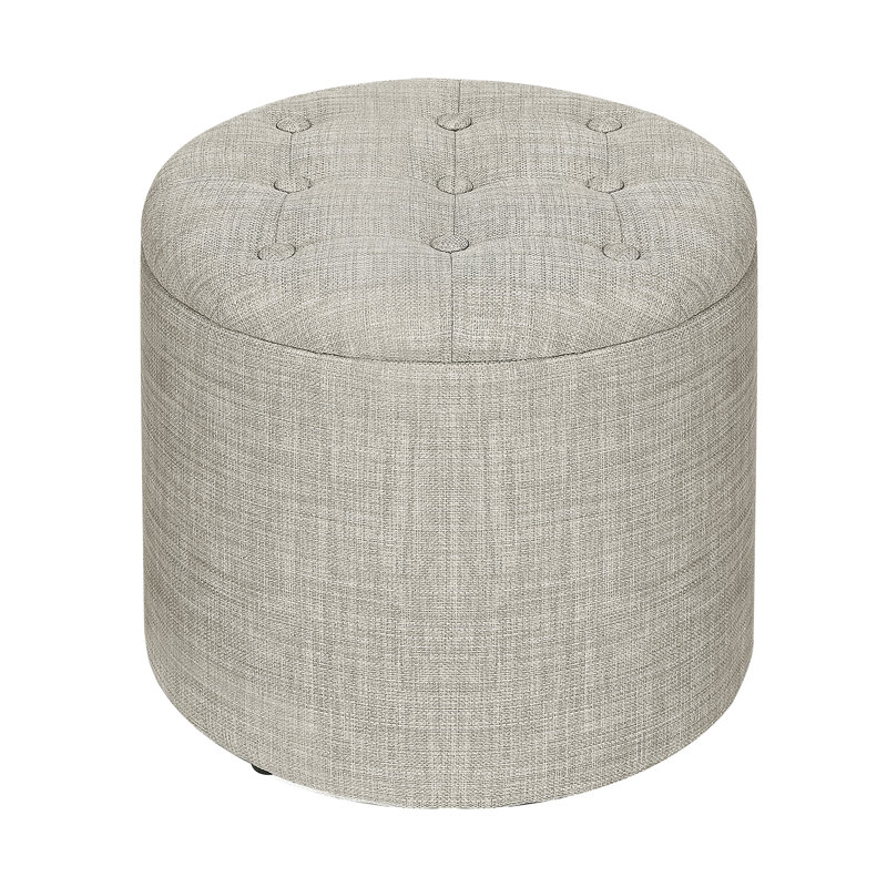 Round Tuffed Upholstered Storage Ottoman, Light Gray Linen