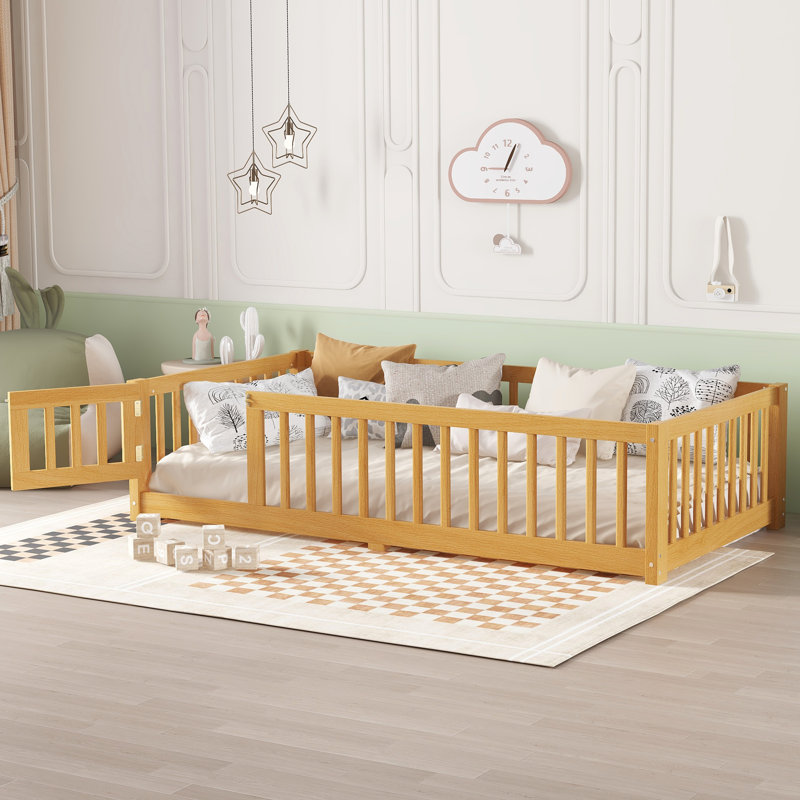 Twin Size Floor Bed for Kids with Safety Guardrails and Play Door, Natural, Montessori Kids Bedroom Bed, Natural, Twin