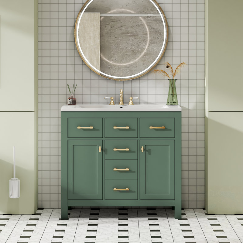 Meuble-lavabo avec lavabo en céramique, 4 tiroirs et 2 armoires, Vert