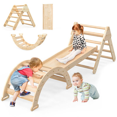 3-In-1 Kids Pikler Triangle Set, Foldable Wooden Climber Toys With Play Arch, Slide, Ladder, And Ramp For 1-3 Years Old Toddlers And Kids