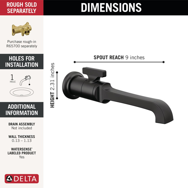 Tetra Wall Mount Bathroom Faucet, Wall Faucet for Bathroom Sink, Single Handle Bathroom Faucet, Matte Black