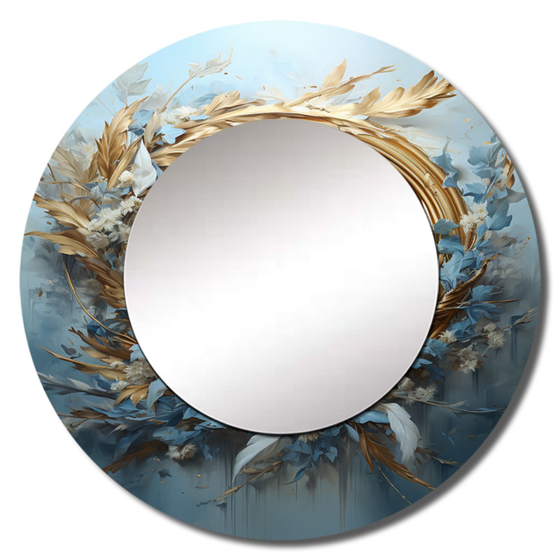 Saloni blue and gold Wreath flower - Wreath Unique Wall Mirror Decor, Traditional Large Round Mirror, Printed Metal Art
