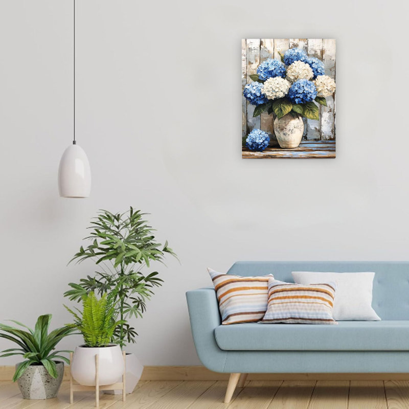 Bleu et blanc, hortensia, art mural, décoration intérieure, 24 po x 18 po