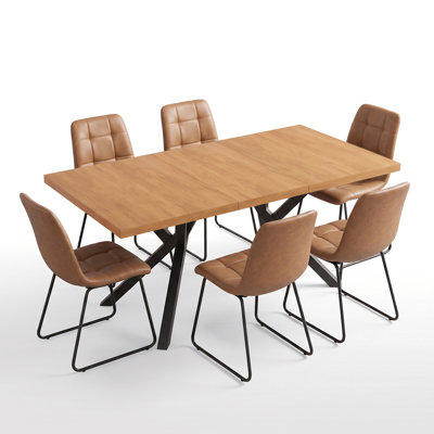 7-Piece Extendable Dining Table and Chair Set, MDF Rectangular Dining Table, Metal Table Legs, 6 PU-Upholstered Dining Chairs