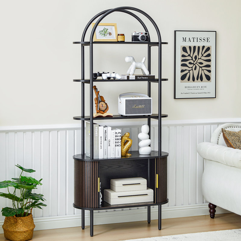 Arched Etagere Bookcase with Cabinet, Black