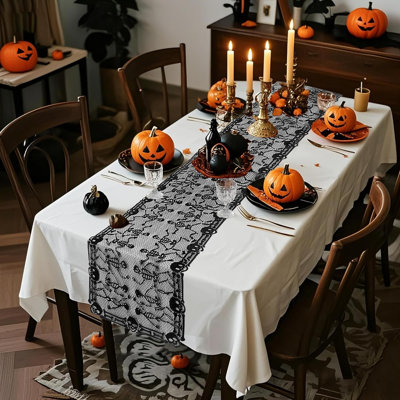 Halloween Table Cloth, Halloween Decorations, Table Runner, 200x50cm Lace Skeleton Tablecloth for Kitchen, Evening Party, Dinner Supplies