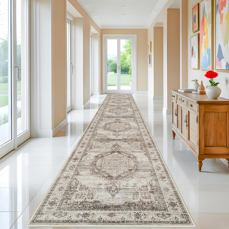 Wide Hallway Runner Rug: Vintage Washable Soft Rugs for Living Room Bedroom Water Resistant Carpet with Non-Slip Backing for Entry Kitchen Dining Room Thin Nursery Bathroom Floor Mat(Beige)