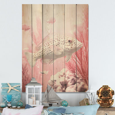 Monogramme rose et blanc de poisson rampant I - corail côtier sous l'eau, art mural sur bois de pin naturel