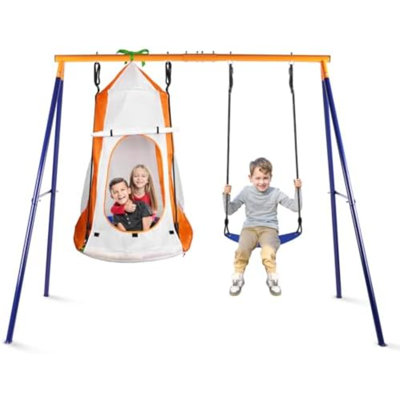 Swing Sets For Backyard, 1 Detachable Hanging Tent Saucer Swing And 1 Belt Swings Seat, 440Lbs Heavy-Duty Metal A-Frame 3 Ways To Play