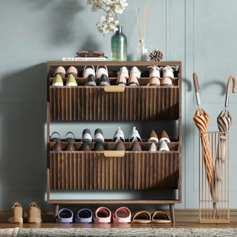 Shoe Cabinet Storage,Modern Freestanding Organizer With 2 Flip Drawers,Narrow Shoe Rack Cabinet For Entryway,Walnut, 2, Brown
