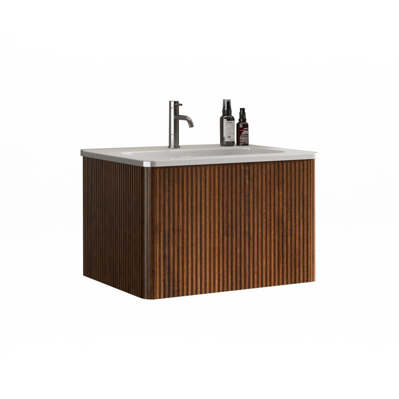 Bathroom Vanity With White Ceramic Sink, Walnut, 24"