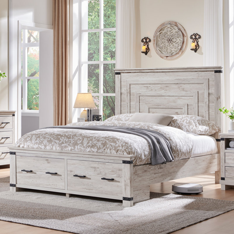 Hallerson Farmhouse Platform Bed Frame With 54"W Tall Geometric Headboard & Large Storage Space, Queen