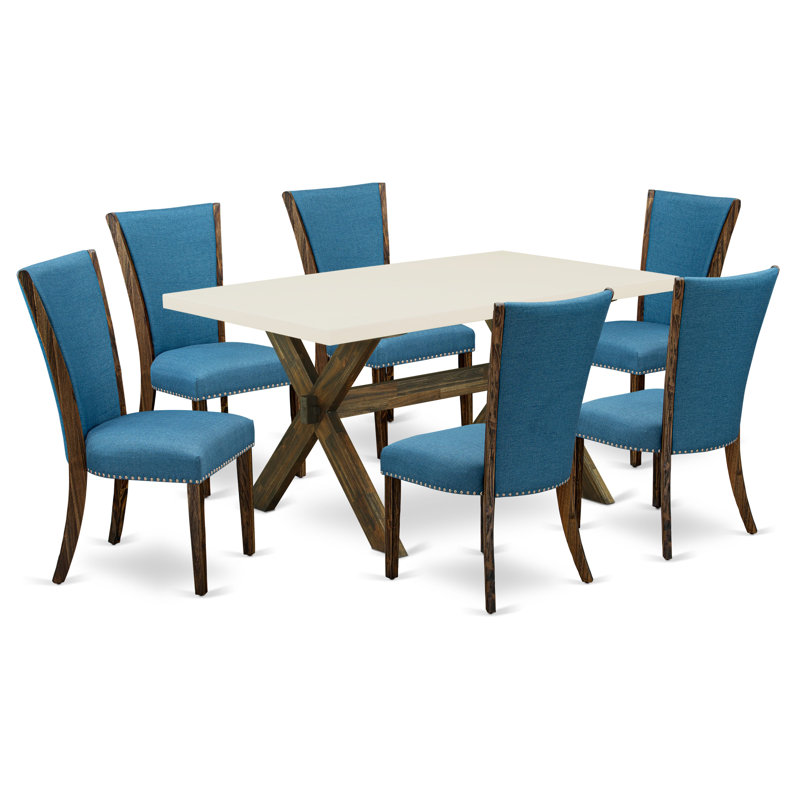 7 Piece Dinette Set Consist of a Rectangle Dining Room Table with X-Legs and 6 Blue Color Linen Fabric Parson Dining Chairs, Distressed Jacobean