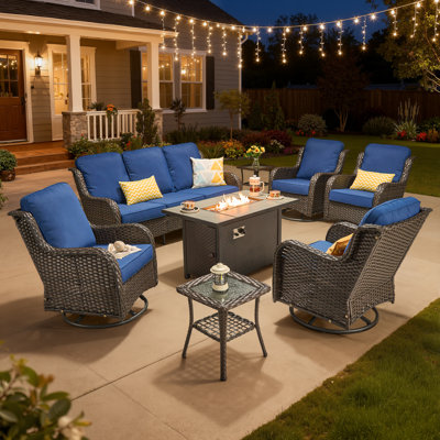 Ensemble de conversation d'extérieur en osier pour 7 personnes, canapé de patio et fauteuil pivotant avec foyer et coussins
