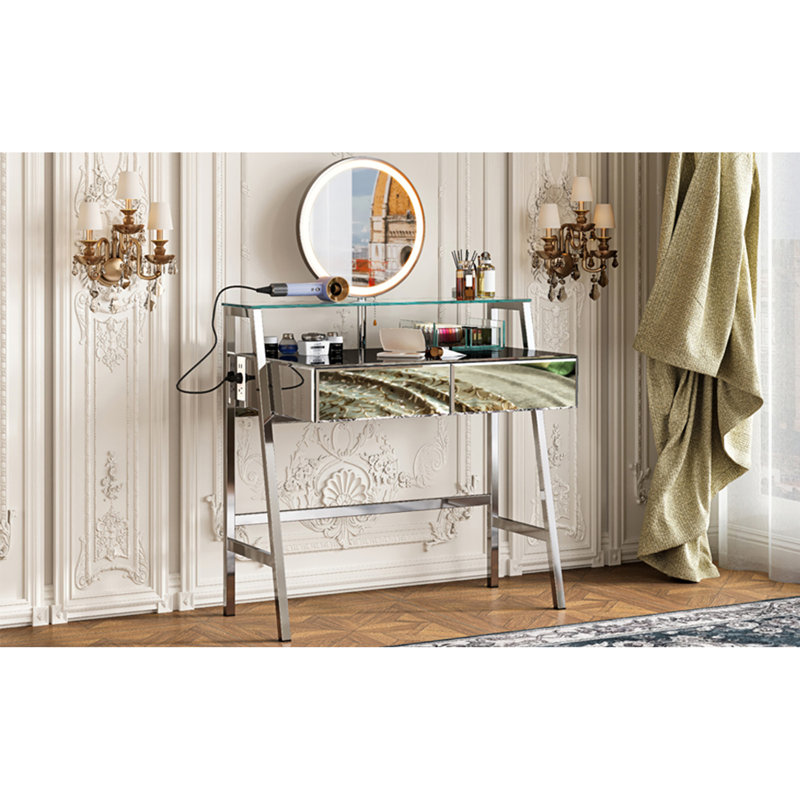33.9" Mirrored Makeup Vanity Desk with Mirror and Lights, Mirrored Console Vanity Table with 2 Big Drawers & Open Shelf, Dressing Table with Charging Station for Bedroom, Silver