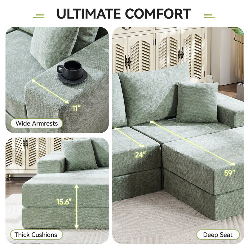 Canapé-lit modulaire compressible reconfigurable Boneless, Chenille verte