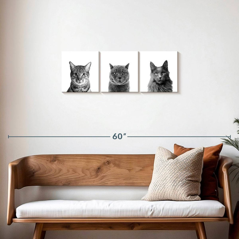 Trois chats, reproduction sur toile, H 12 po x l 38 po x P 1,25 po
