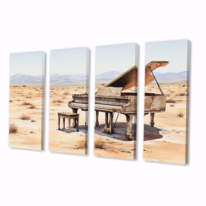 Desert Piano Melody II - Music Piano, art mural 4 pièces pour le salon, H 28 po x l 48 po