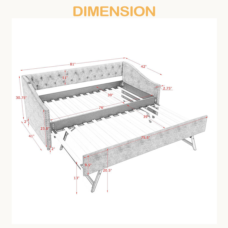 Lit de jour simple avec charge USB et lit extensible escamotable, avec bouton sur le dos et clou en cuivre sur les accoudoirs ondulés