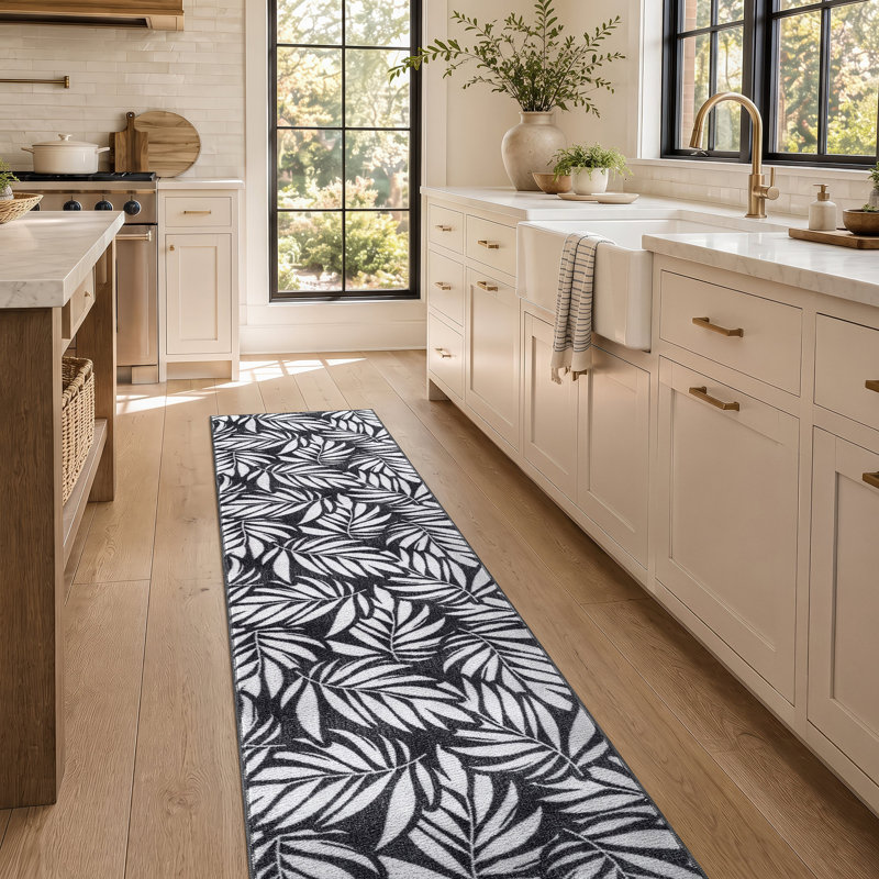 Tapis gris anthracite lavable à la machine Palm Leaf, Gris anthracite, 2 pi x 10 pi