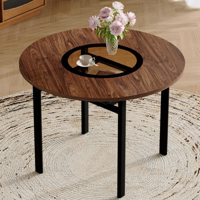 Table de salle à manger ronde moderne minimaliste de 42 po en grain de bois brun convenant à 4 à 6 personnes (incrustation de verre brun + support stable en métal, convient à de multiples cas de figure).