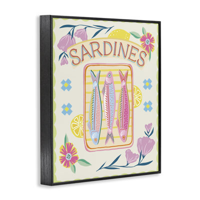 Giclée encadrée de sardines et de fleurs pastel, design par Jo Reid