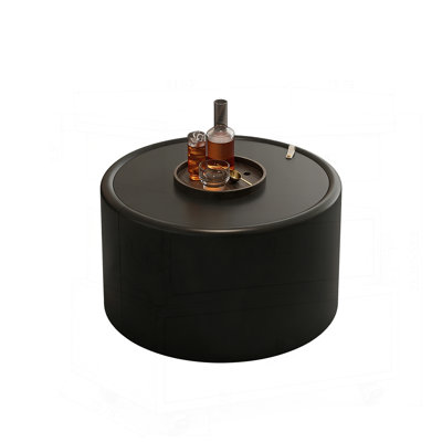 Round Coffee Table with Tempered Glass Top, PU Leather Body & Hidden Storage for Modern Living Rooms
