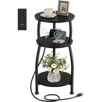Table d'appoint ronde avec station de charge, table de chevet à petits espaces | Table de bout à 3 niveaux à côté du canapé, ports de type C et USB, petite table d'appoint pour salon, chambre à coucher, dortoir, noir