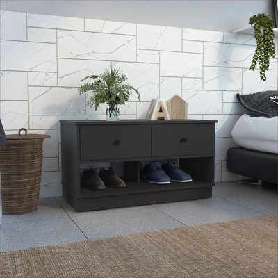Banc de rangement pour placard d'entrée, panneau de particules noir élégant, deux tablettes ouvertes, deux tiroirs, capacité de 2 personnes